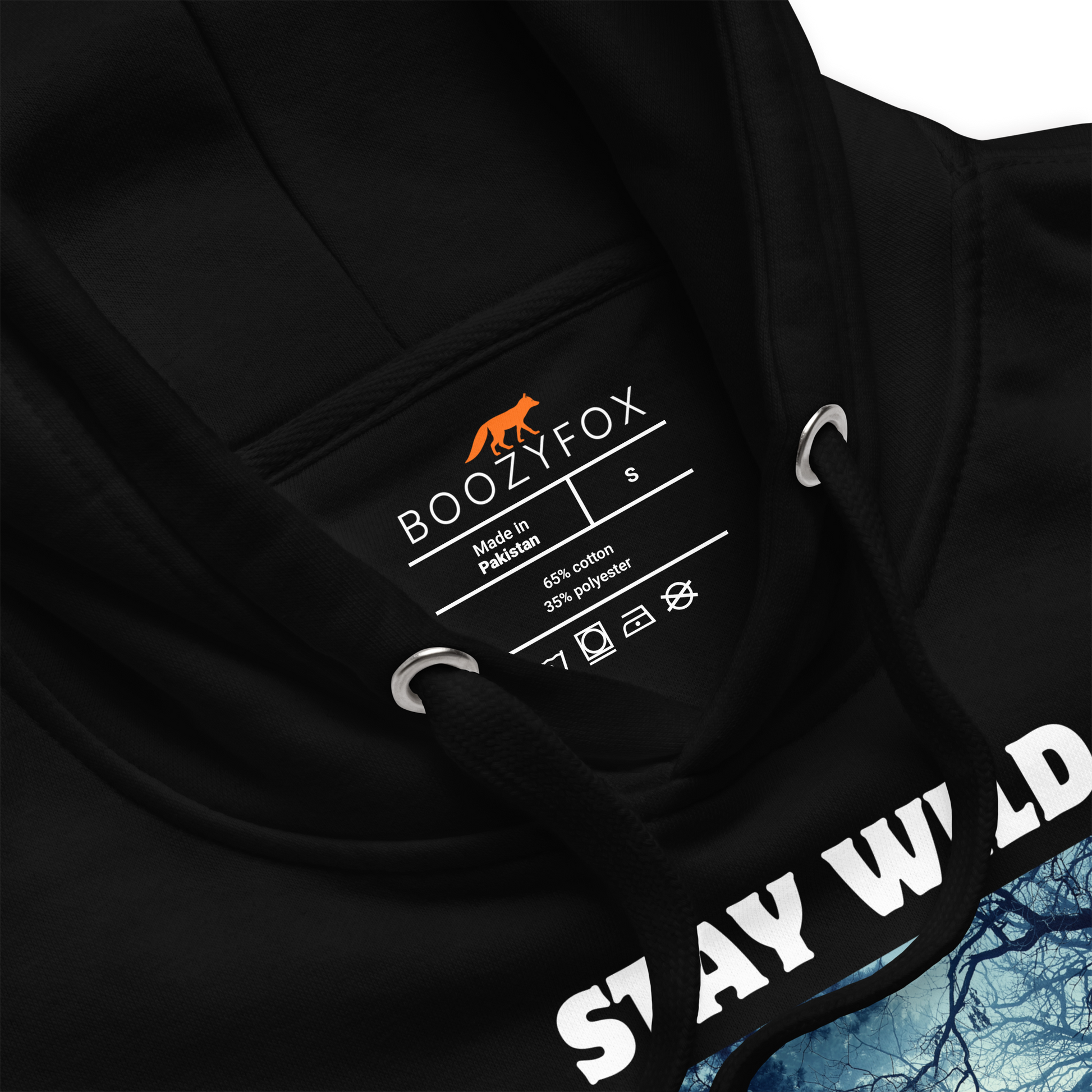 Product details of a Funny Stay Wild Bear premium graphic hoodie in black by Boozy Fox