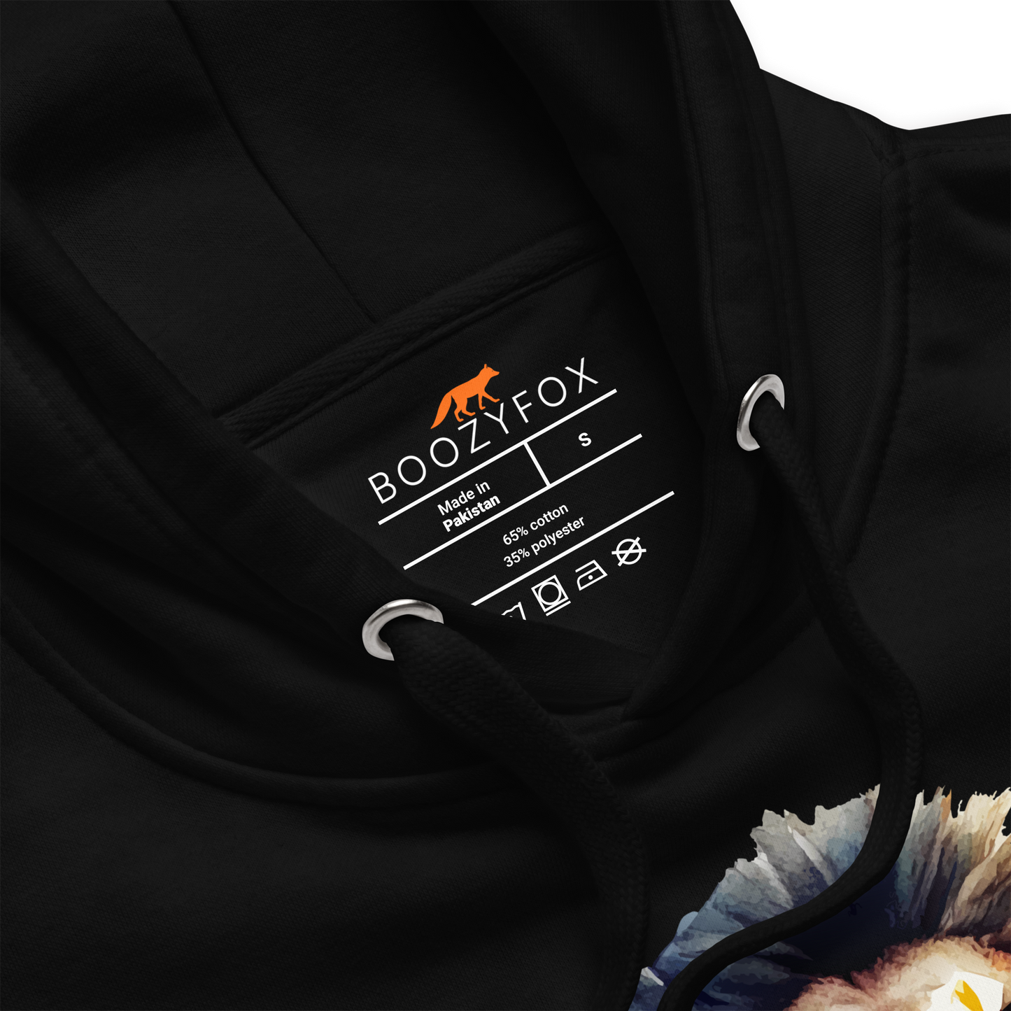 Product details of a premium graphic hoodie in black by Boozy Fox