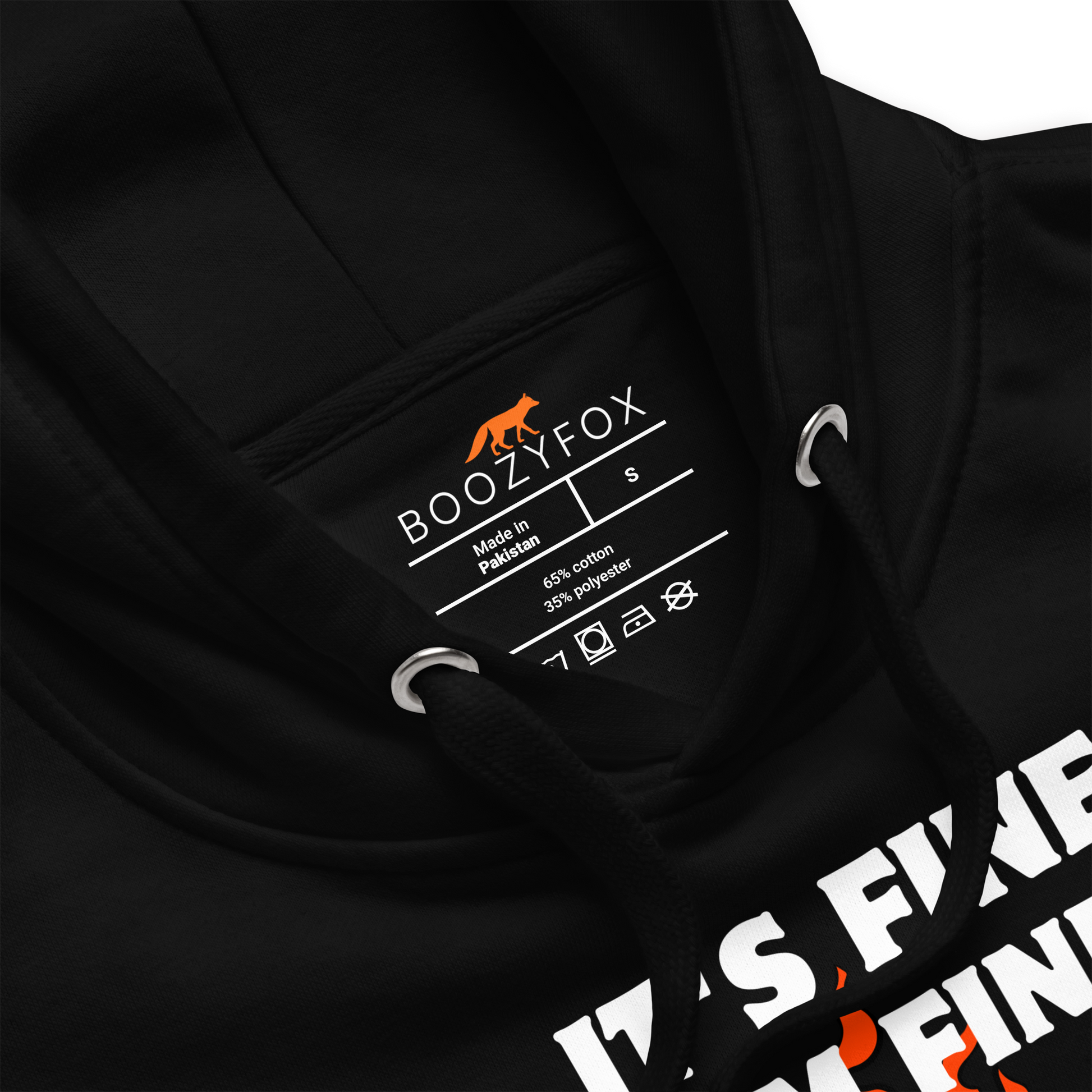Product details of a Funny Dumpster Fire Raccoon premium graphic hoodie in black by Boozy Fox