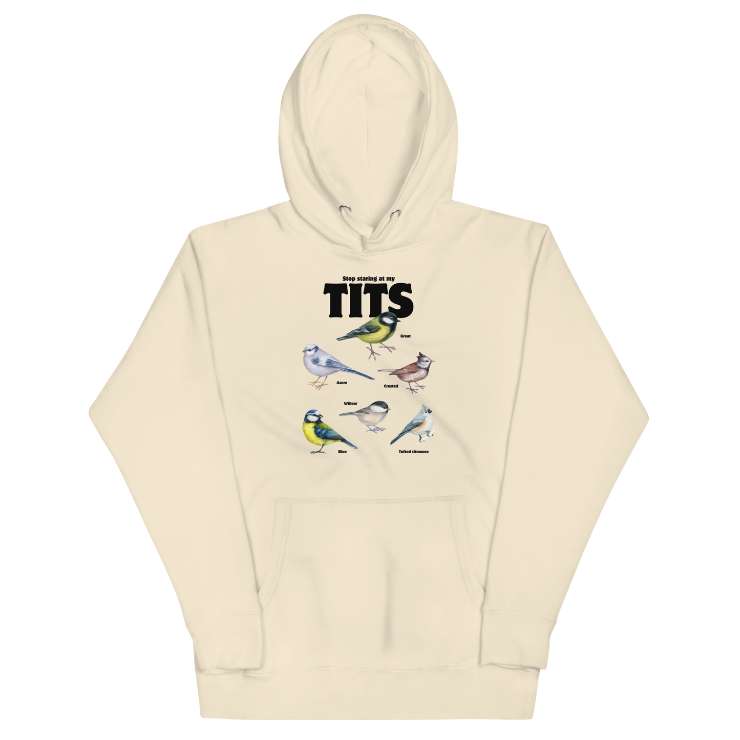 Funny Stop Staring At My Tits Bird premium graphic hoodie in bone white by Boozy Fox