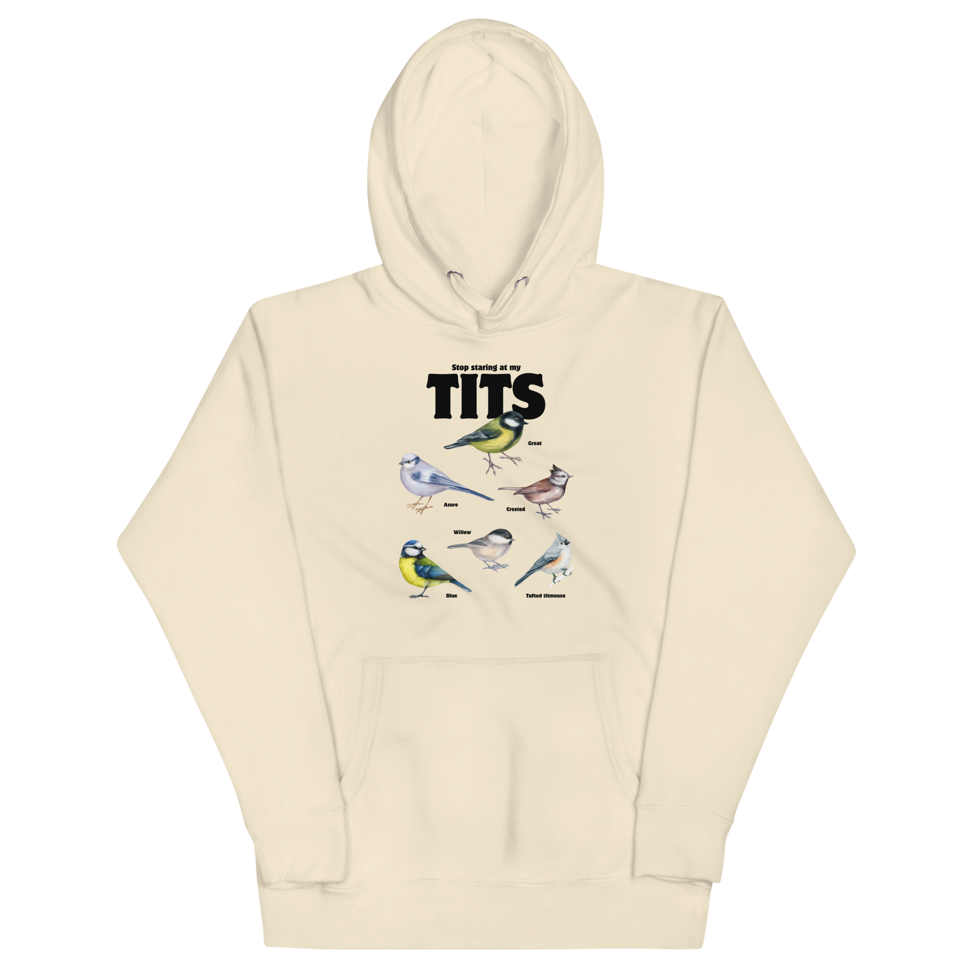 Funny Stop Staring At My Tits Bird premium graphic hoodie in bone white by Boozy Fox