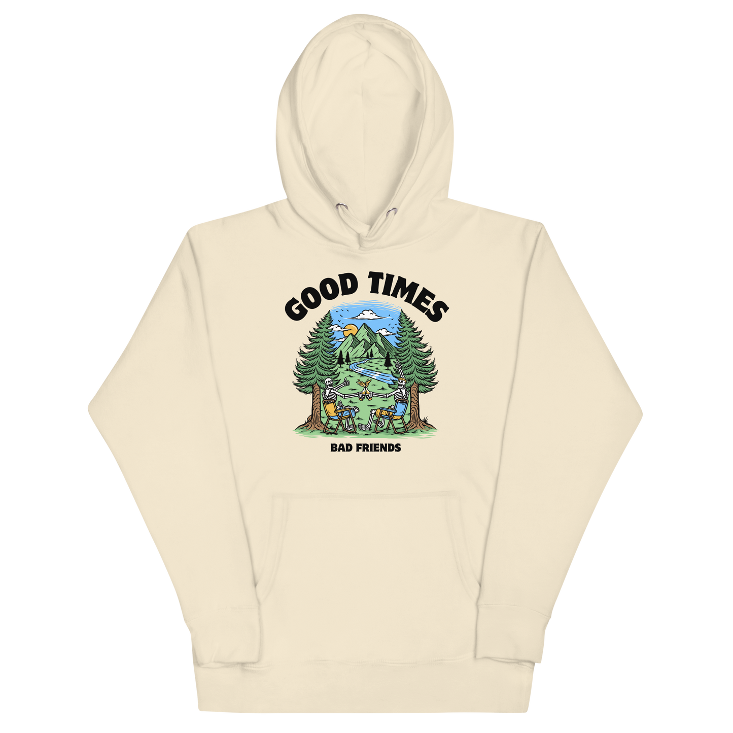 Funny Good Times Bad Friends skeleton beer premium graphic hoodie in bone white by Boozy Fox
