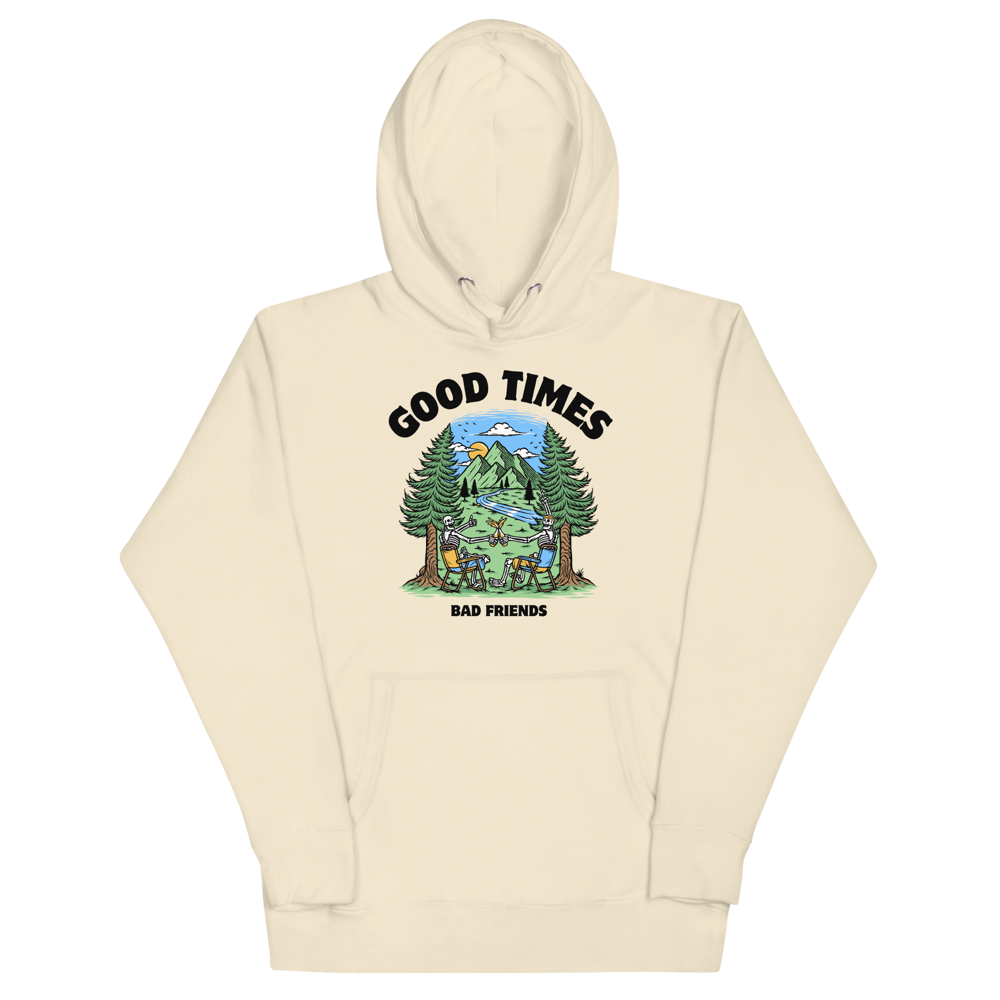 Funny Good Times Bad Friends skeleton beer premium graphic hoodie in bone white by Boozy Fox
