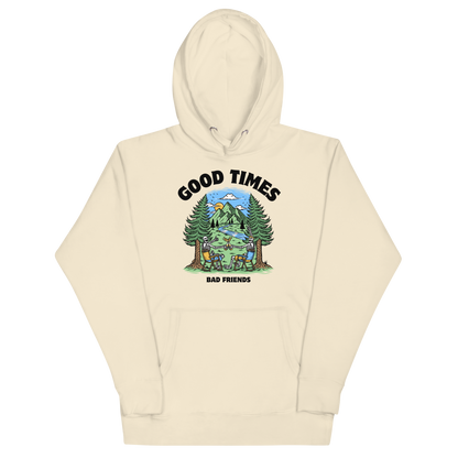 Funny Good Times Bad Friends skeleton beer premium graphic hoodie in bone white by Boozy Fox