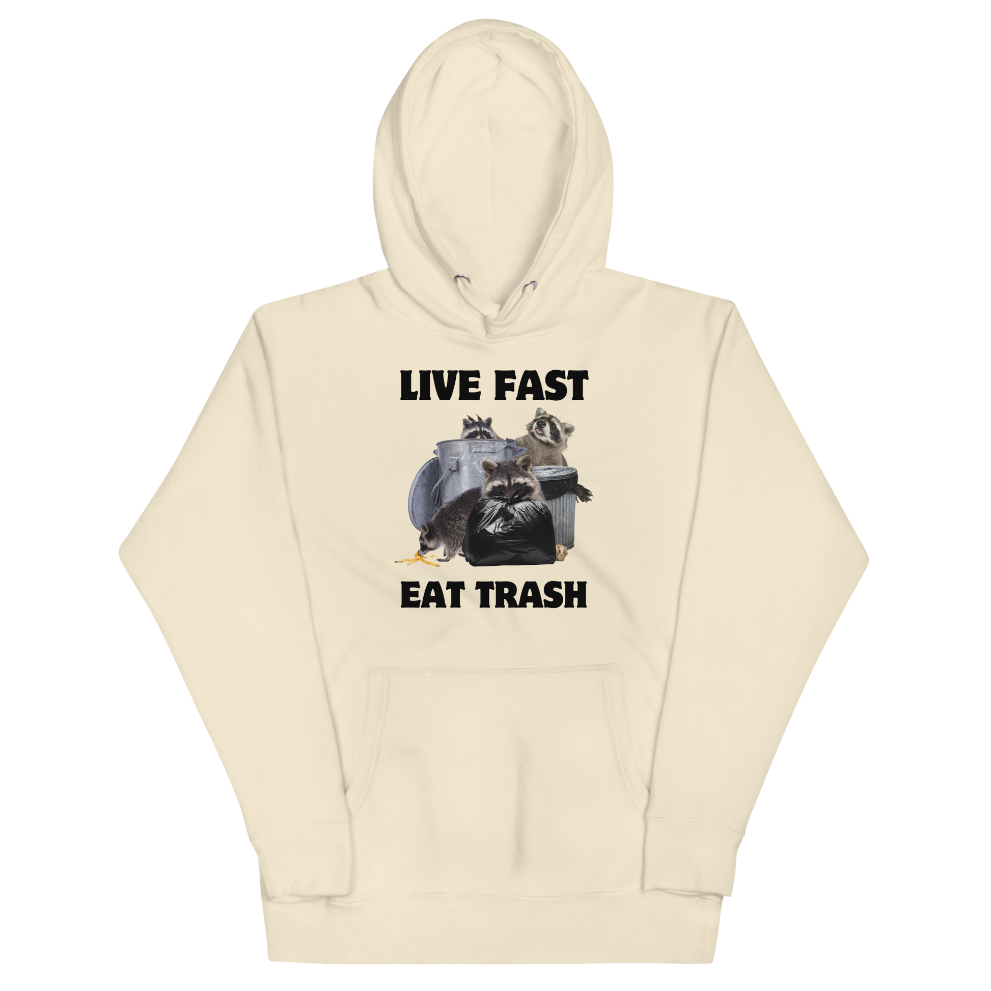 Funny Live Fast Eat Trash Raccoon premium graphic hoodie in bone white by Boozy Fox