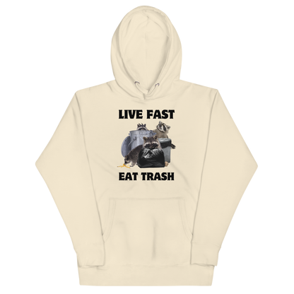 Funny Live Fast Eat Trash Raccoon premium graphic hoodie in bone white by Boozy Fox