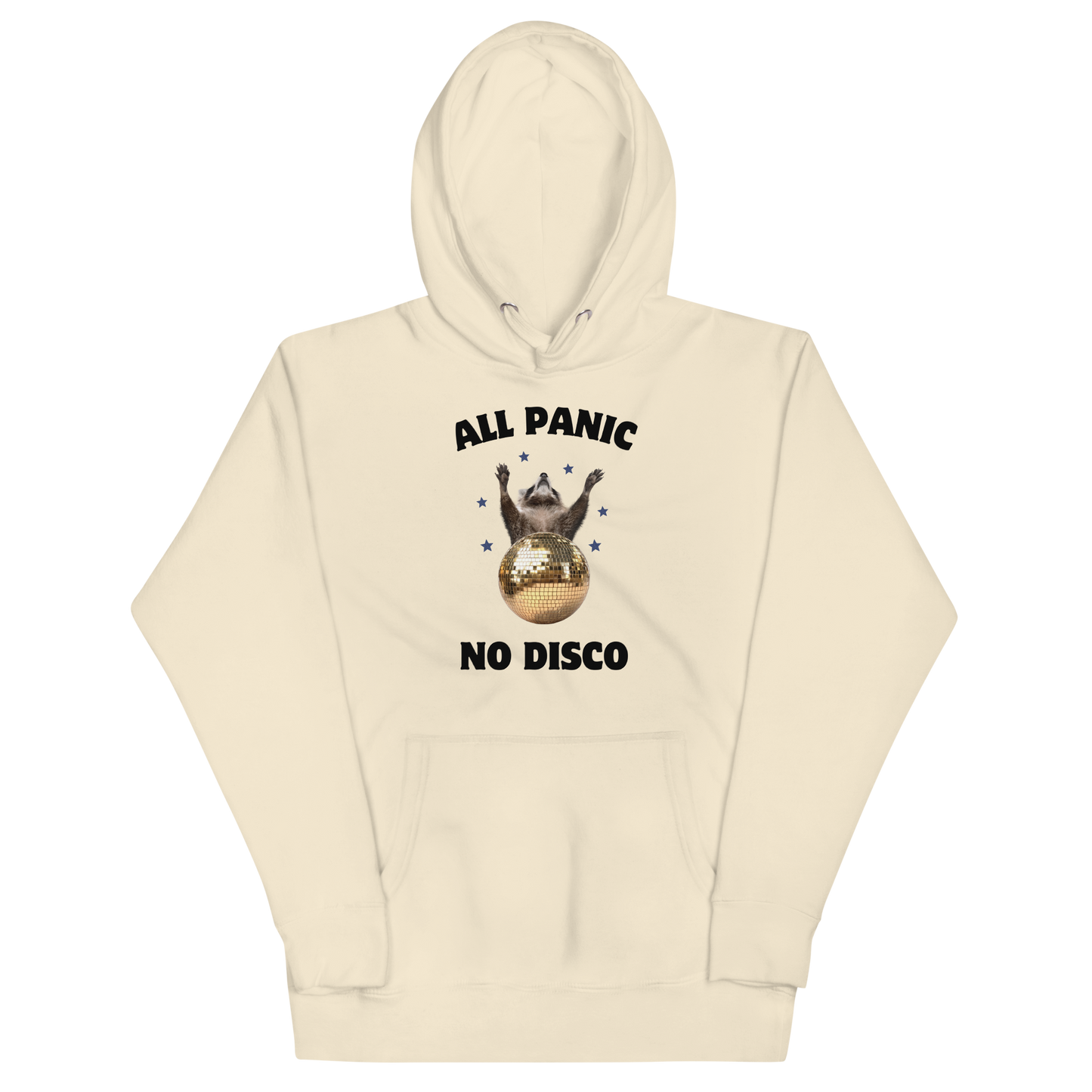 Funny All Panic No Disco Raccoon Disco Ball premium graphic hoodie in bone white by Boozy Fox