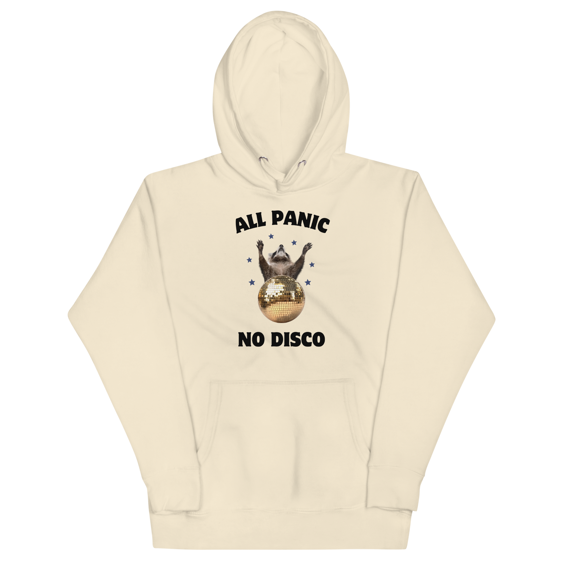 Funny All Panic No Disco Raccoon Disco Ball premium graphic hoodie in bone white by Boozy Fox