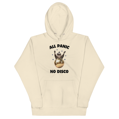 Funny All Panic No Disco Raccoon Disco Ball premium graphic hoodie in bone white by Boozy Fox