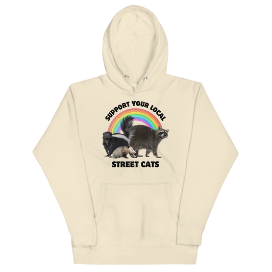 Funny Support Your Local Street Cats premium graphic hoodie in bone white by Boozy Fox
