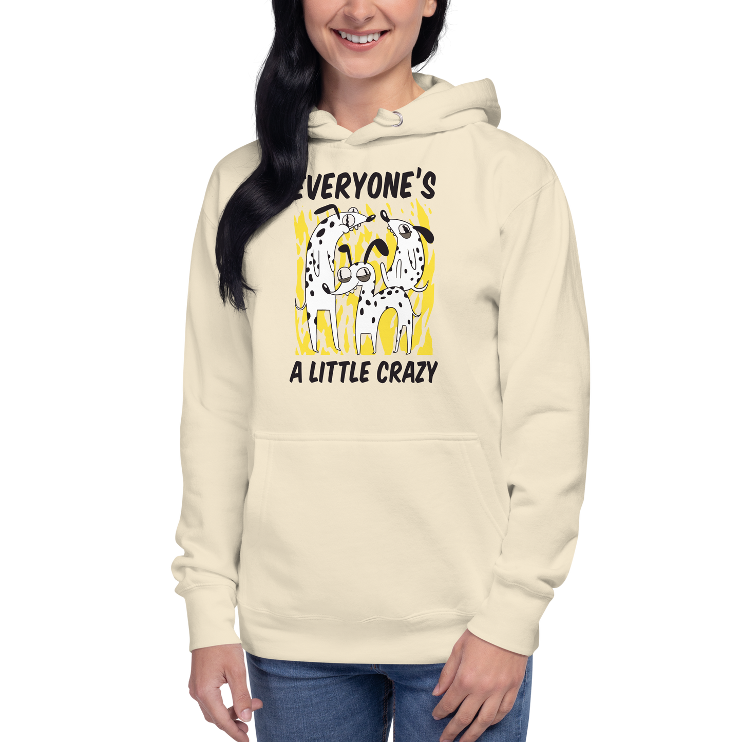 Woman wearing a Funny Everyone's A Little Crazy dog premium graphic hoodie in bone white by Boozy Fox