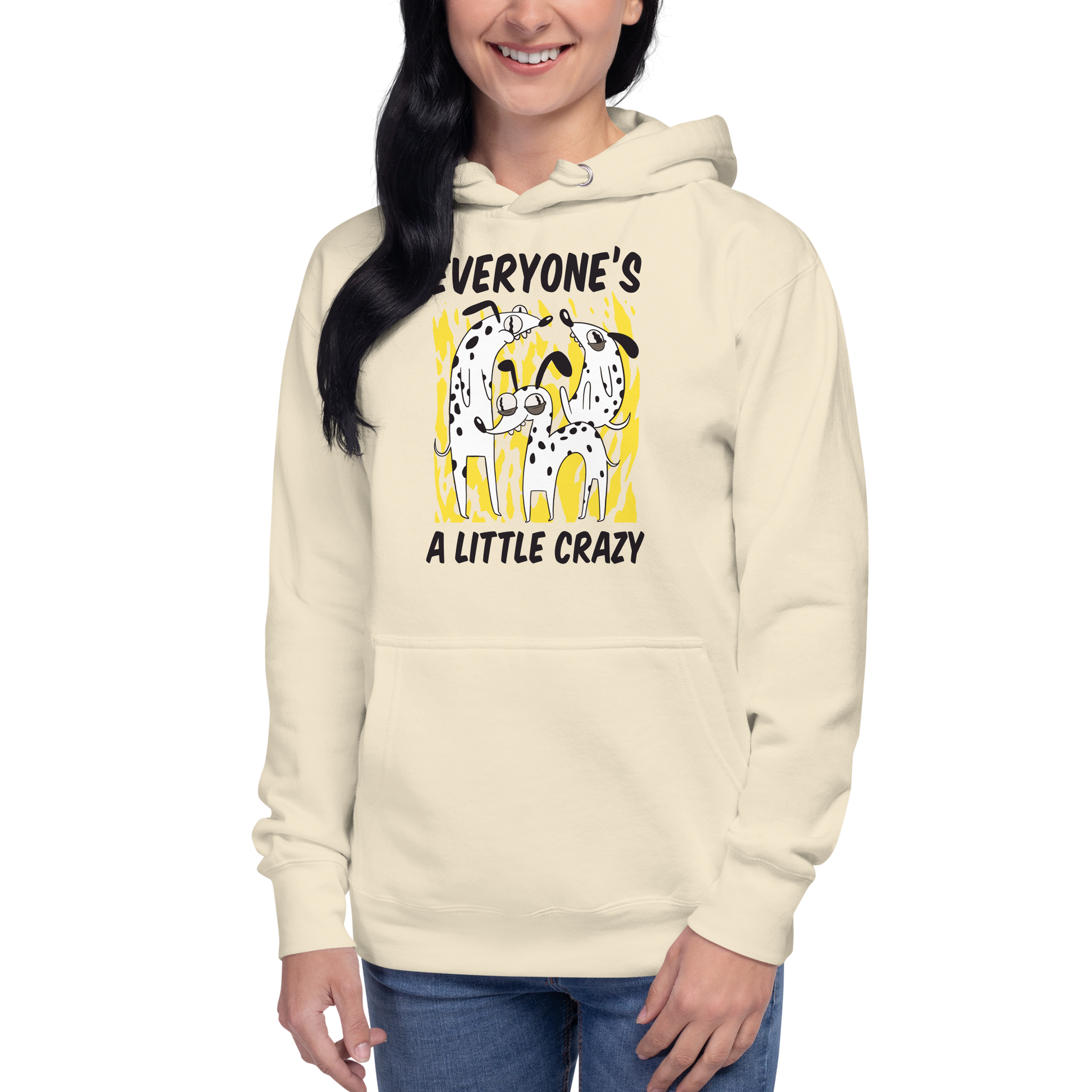 Woman wearing a Funny Everyone's A Little Crazy dog premium graphic hoodie in bone white by Boozy Fox