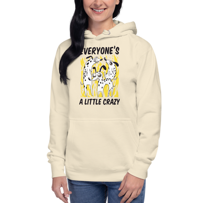 Woman wearing a Funny Everyone's A Little Crazy dog premium graphic hoodie in bone white by Boozy Fox