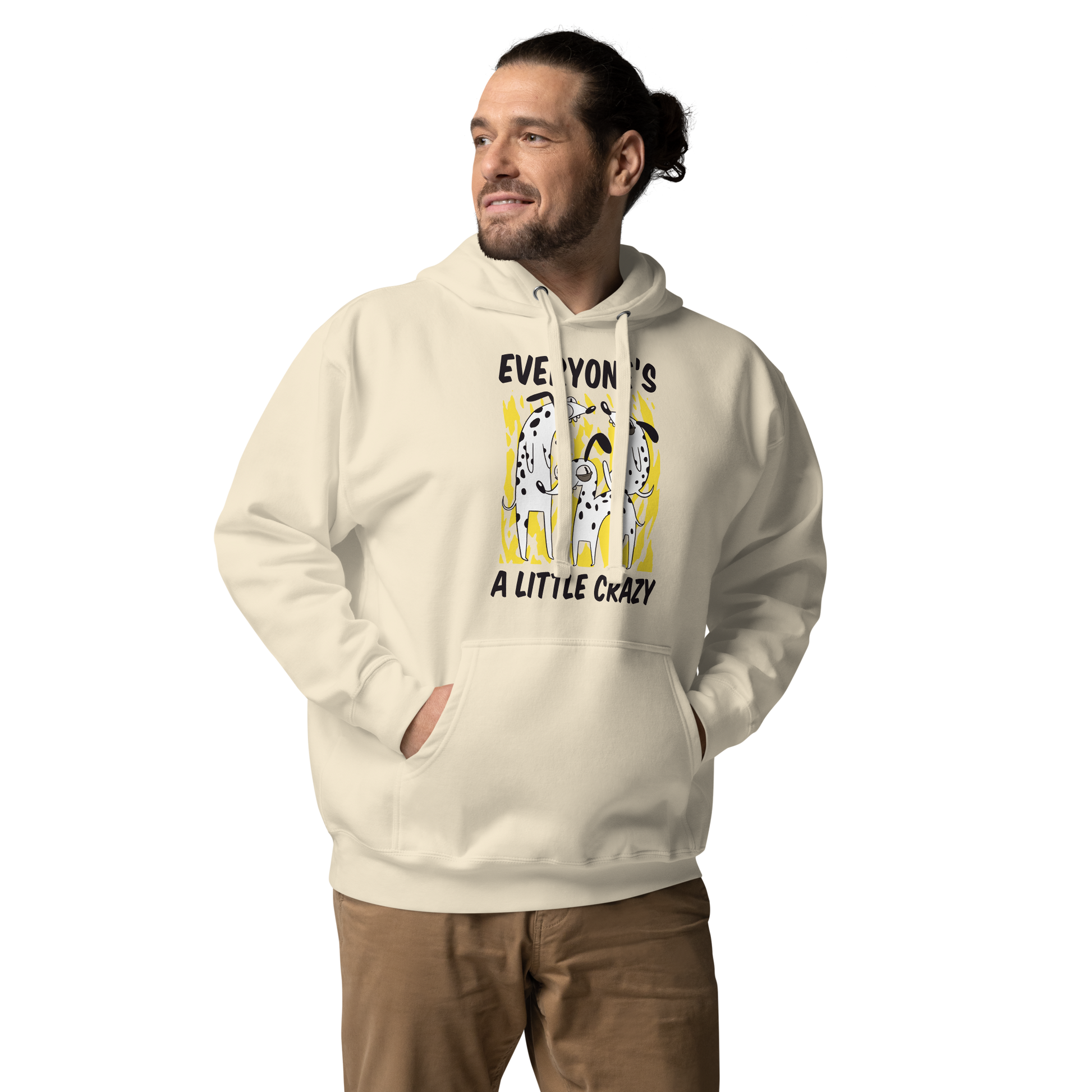 Man wearing a Funny Everyone's A Little Crazy dog premium graphic hoodie in bone white by Boozy Fox
