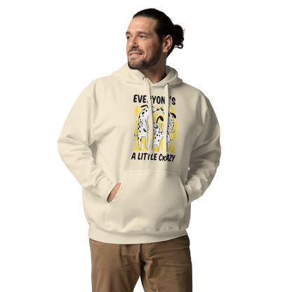 Man wearing a Funny Everyone's A Little Crazy dog premium graphic hoodie in bone white by Boozy Fox