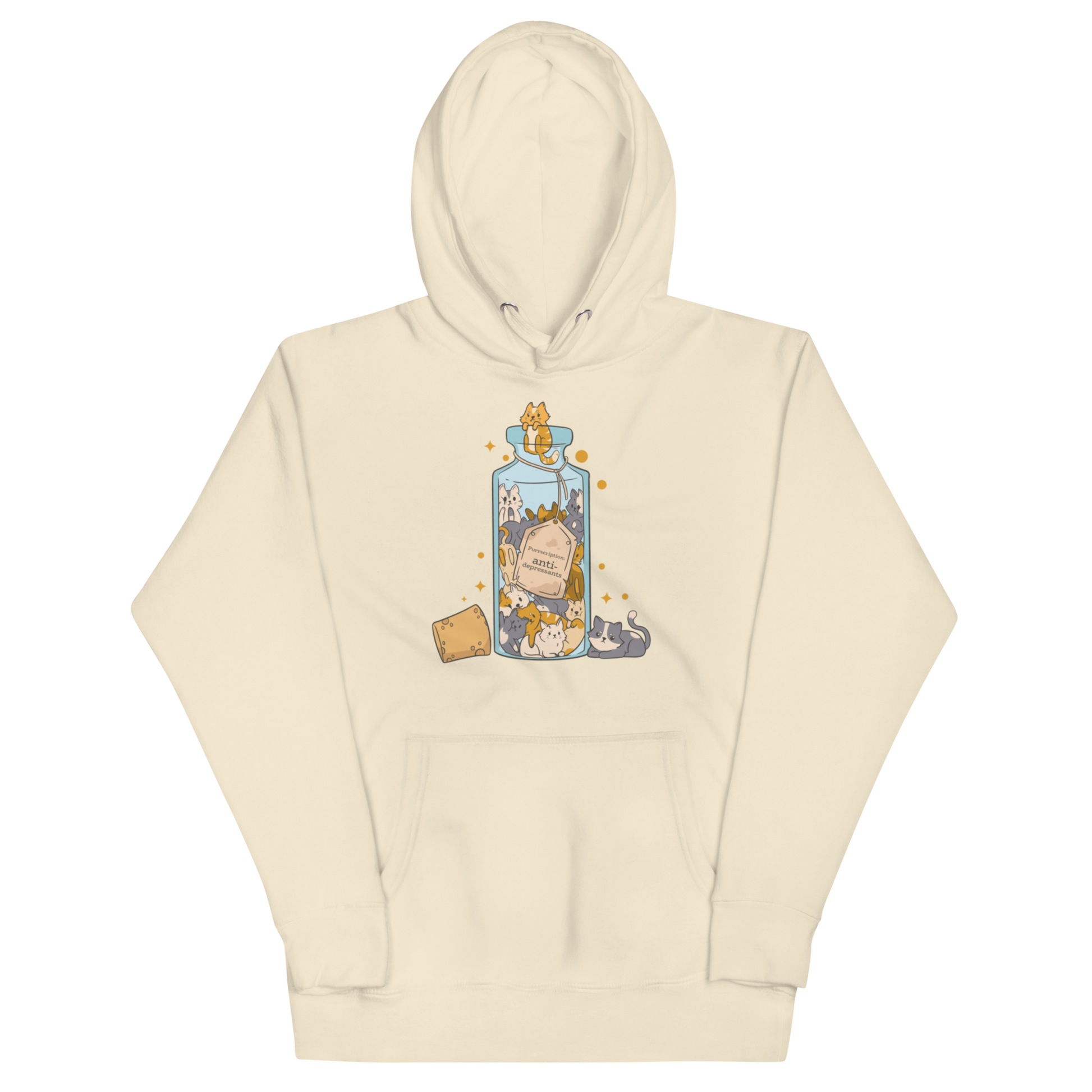Funny Purrscription: Anti-depressants Cat premium graphic hoodie in bone white by Boozy Fox