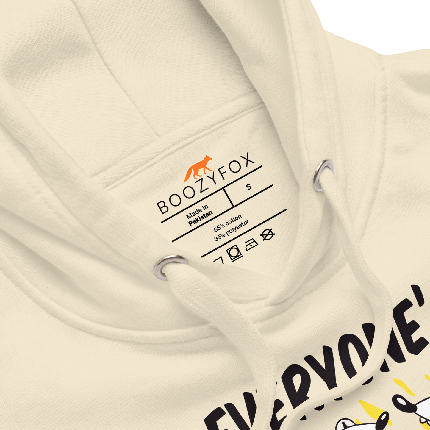 Product details of a Funny Everyone's A Little Crazy dog premium graphic hoodie in bone white by Boozy Fox