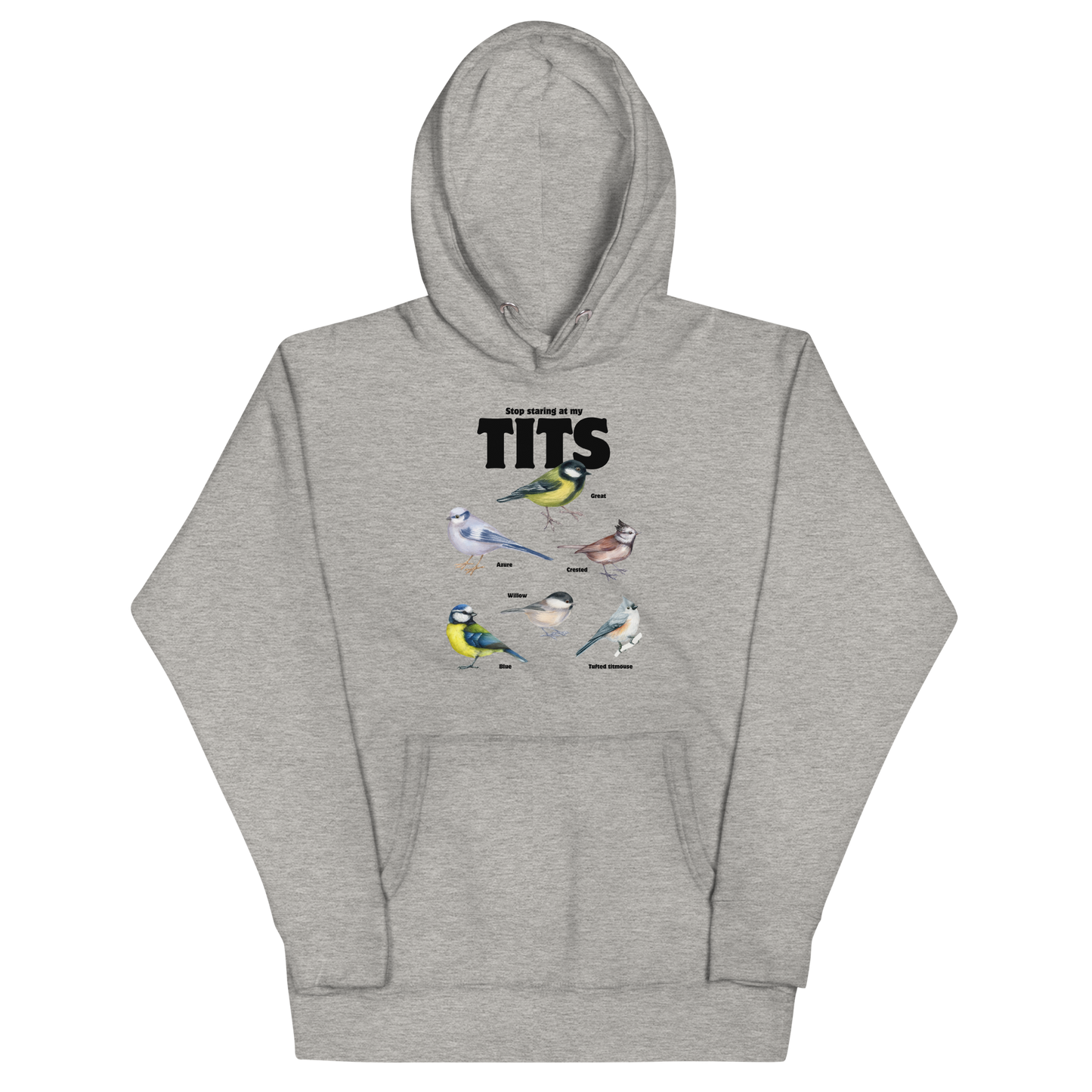 Funny Stop Staring At My Tits Bird premium graphic hoodie in carbon grey by Boozy Fox