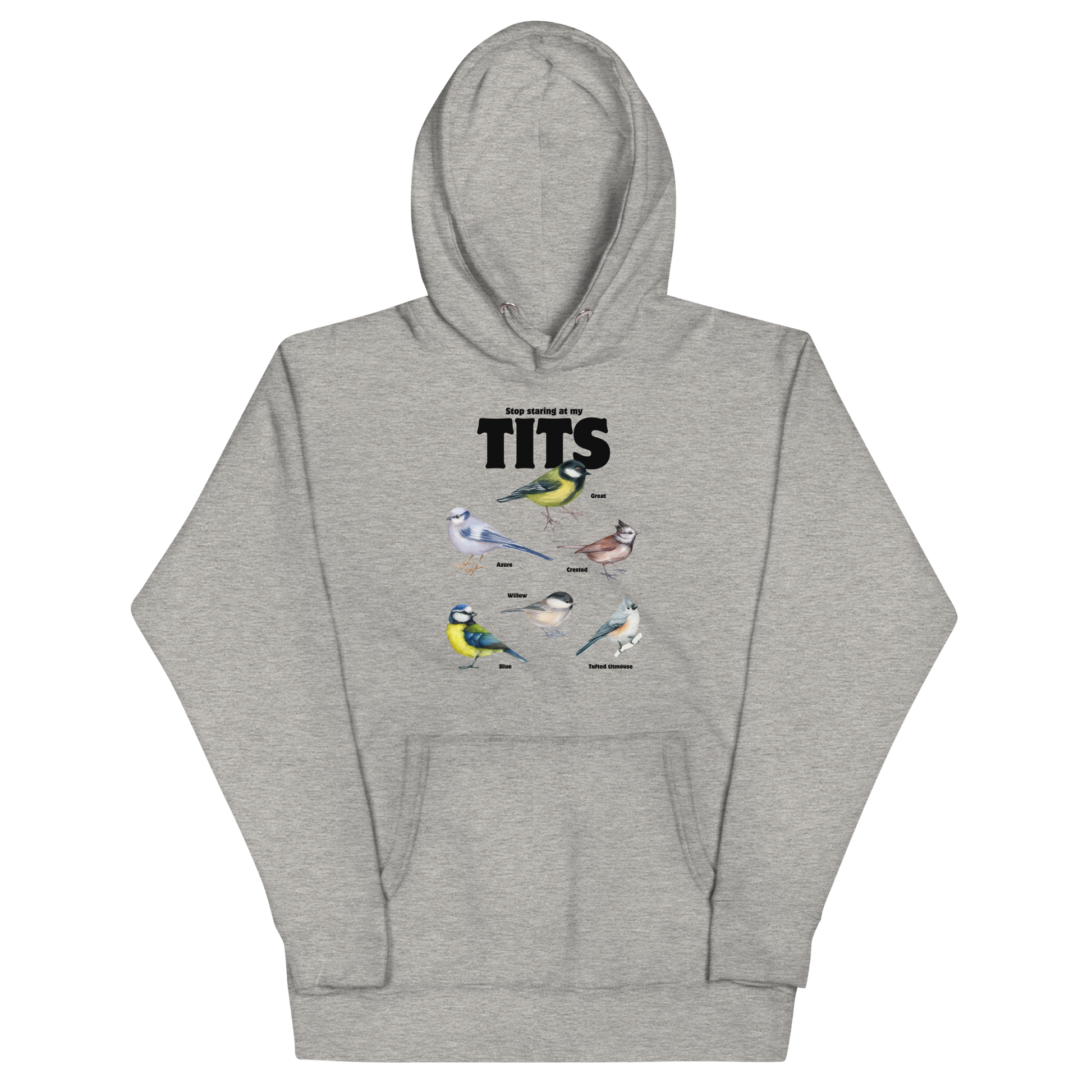 Funny Stop Staring At My Tits Bird premium graphic hoodie in carbon grey by Boozy Fox