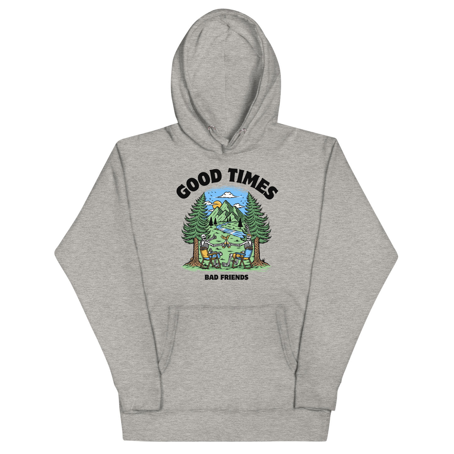 Funny Good Times Bad Friends skeleton beer premium graphic hoodie in carbon grey by Boozy Fox
