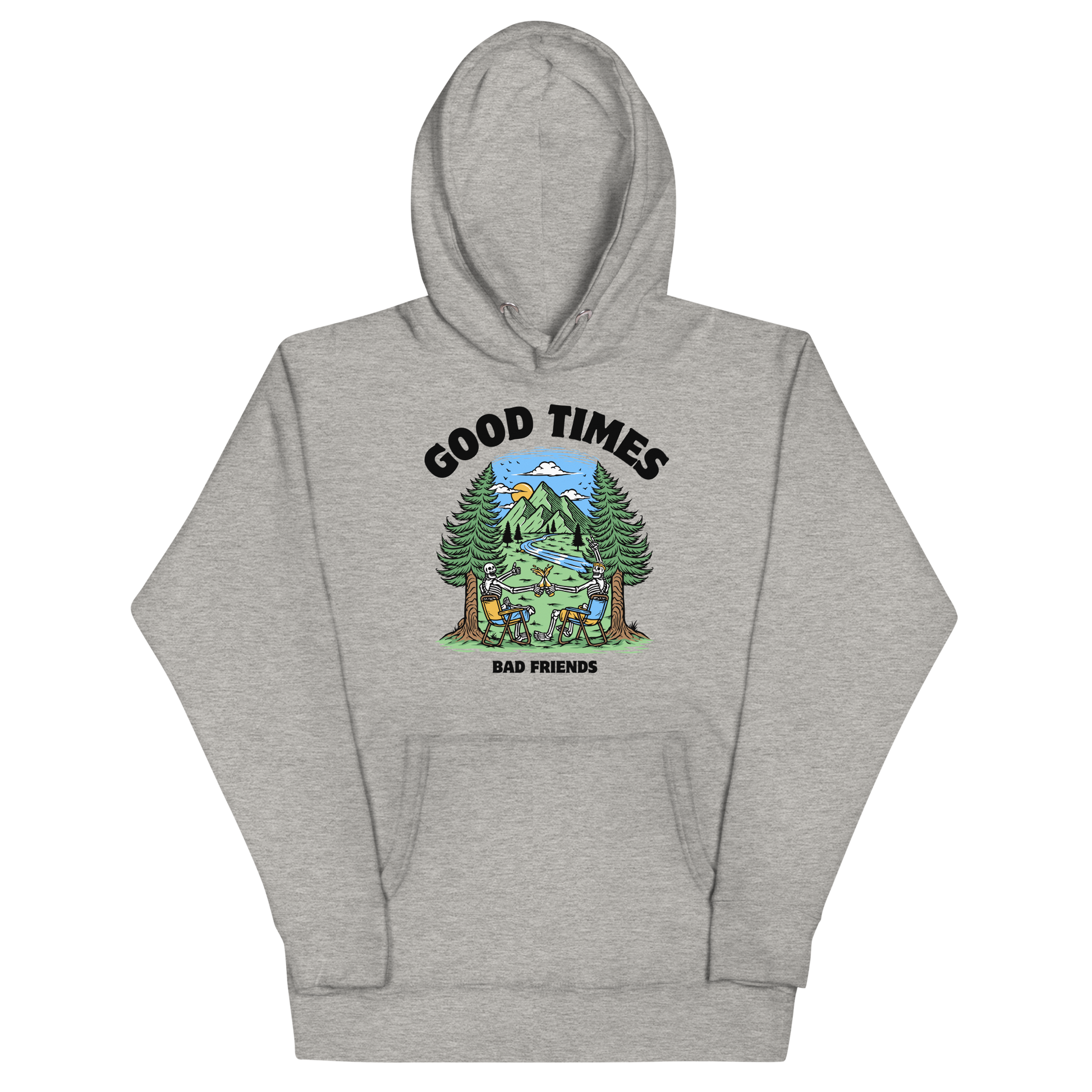 Funny Good Times Bad Friends skeleton beer premium graphic hoodie in carbon grey by Boozy Fox