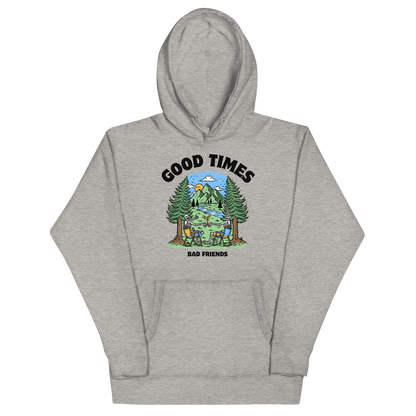 Funny Good Times Bad Friends skeleton beer premium graphic hoodie in carbon grey by Boozy Fox