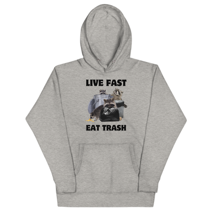 Funny Live Fast Eat Trash Raccoon premium graphic hoodie in carbon grey by Boozy Fox