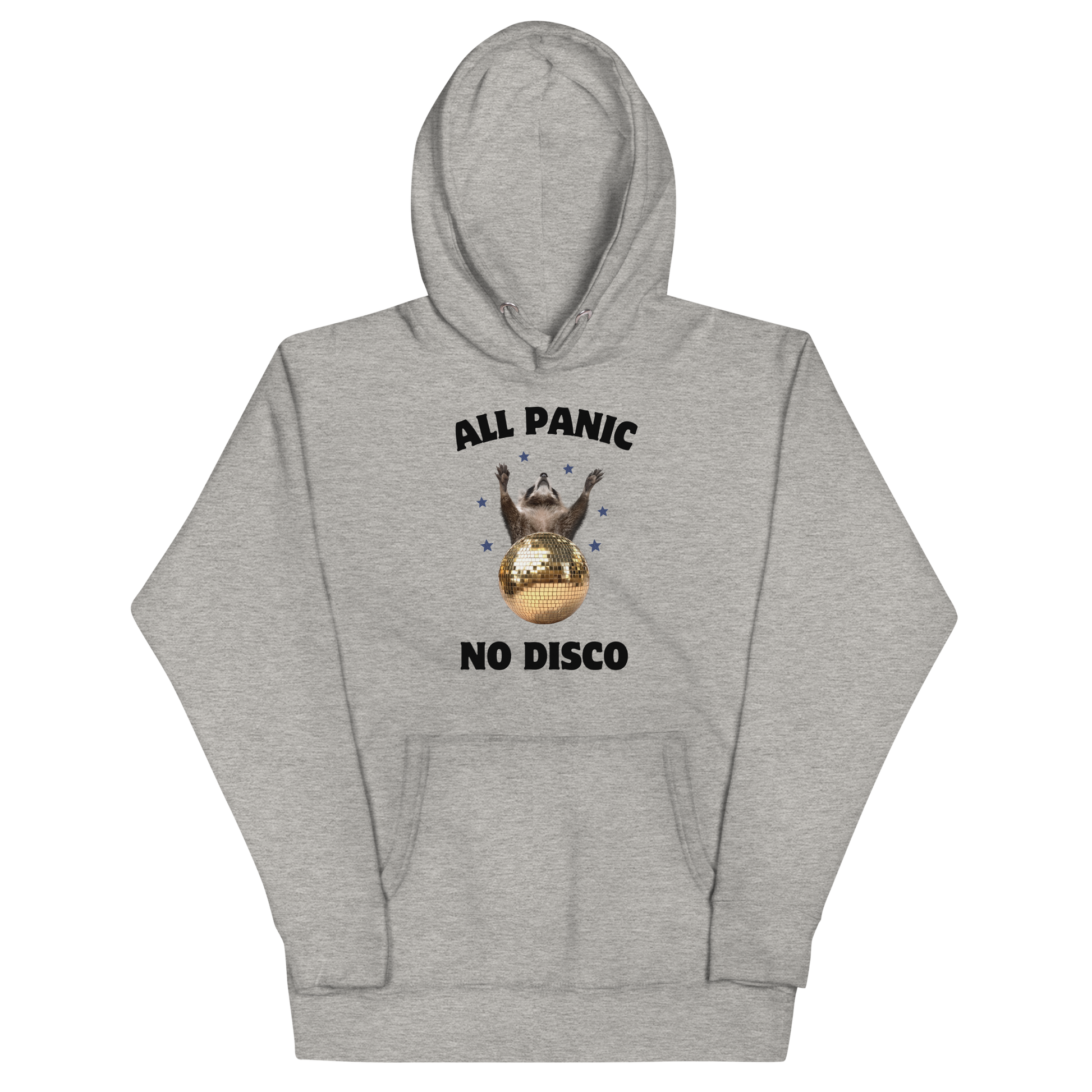 Funny All Panic No Disco Raccoon Disco Ball premium graphic hoodie in carbon grey by Boozy Fox