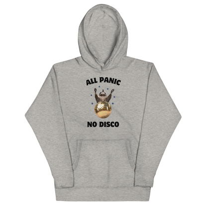 Funny All Panic No Disco Raccoon Disco Ball premium graphic hoodie in carbon grey by Boozy Fox