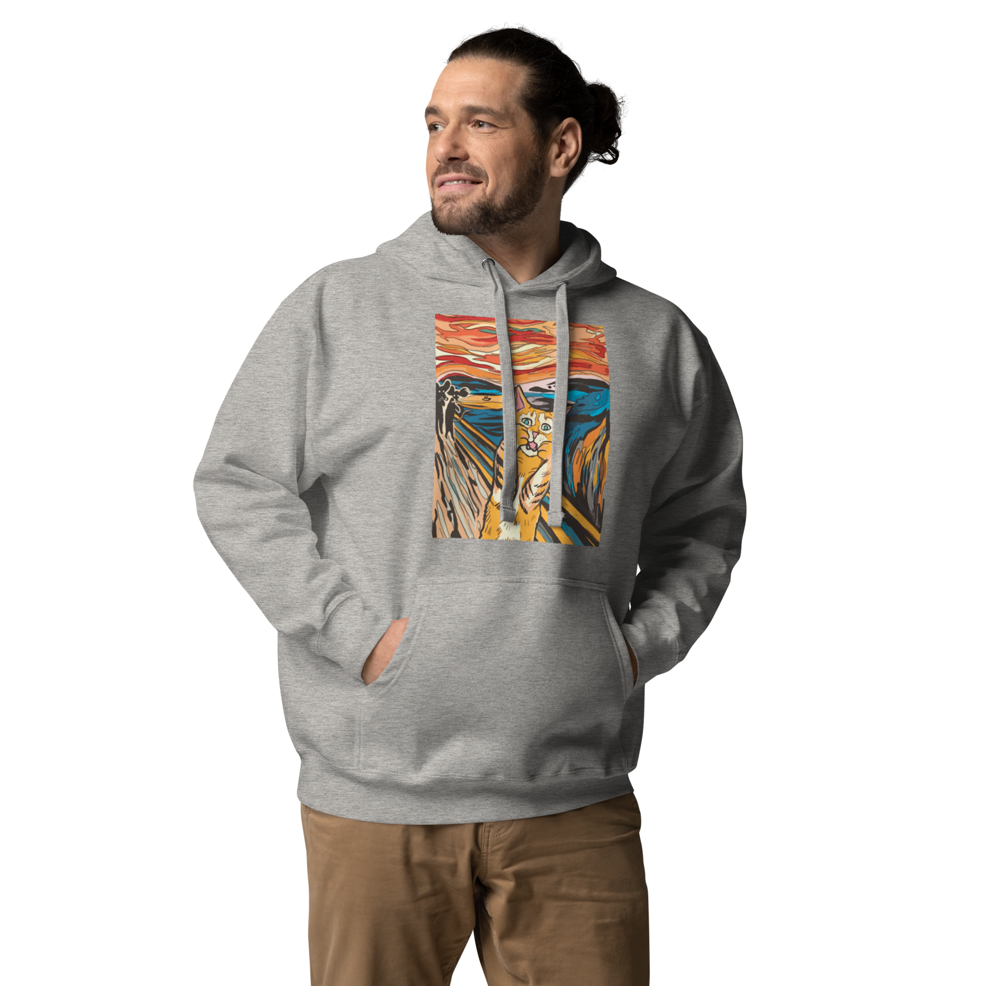 Man wearing a funny The Screaming Cat parody premium graphic hoodie in carbon grey by Boozy Fox