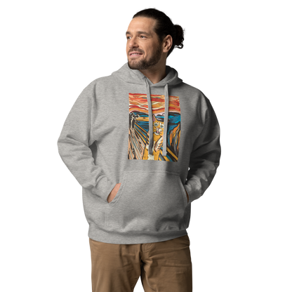 Man wearing a funny The Screaming Cat parody premium graphic hoodie in carbon grey by Boozy Fox