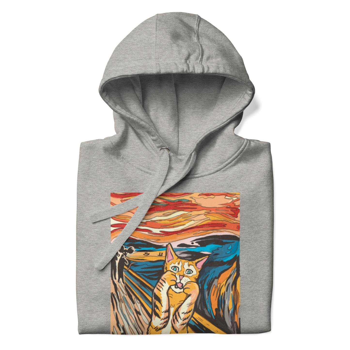 Front details of a funny The Screaming Cat parody premium graphic hoodie in carbon grey by Boozy Fox