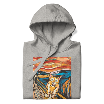 Front details of a funny The Screaming Cat parody premium graphic hoodie in carbon grey by Boozy Fox