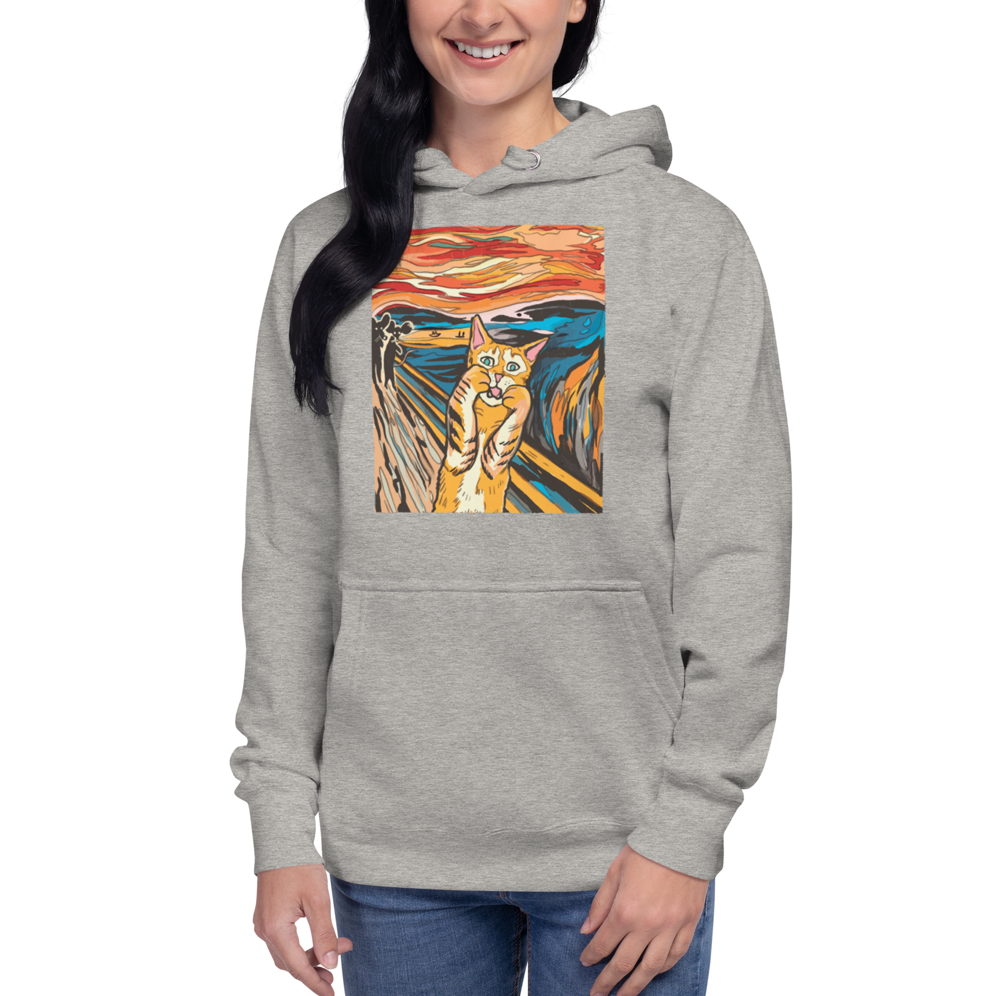 Woman wearing a funny The Screaming Cat parody premium graphic hoodie in carbon grey by Boozy Fox