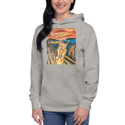 Woman wearing a funny The Screaming Cat parody premium graphic hoodie in carbon grey by Boozy Fox