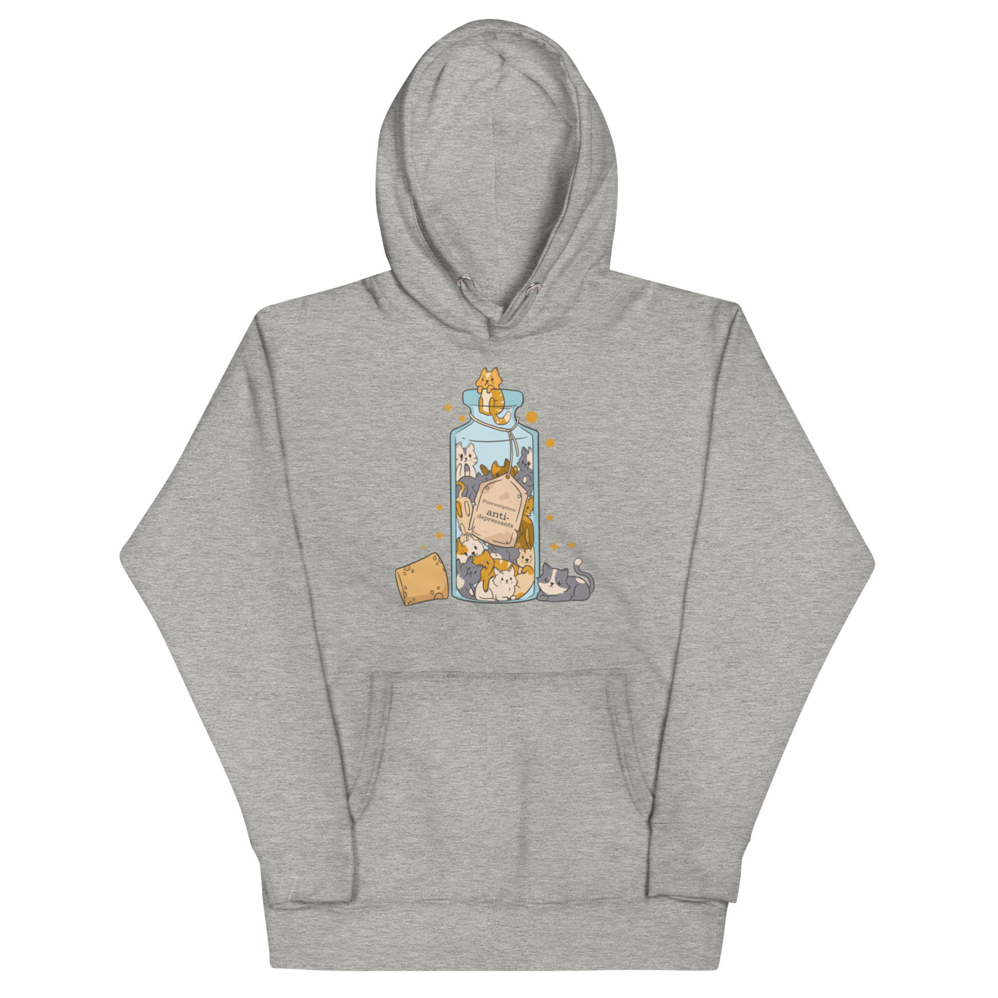Funny Purrscription: Anti-depressants Cat premium graphic hoodie in carbon grey by Boozy Fox