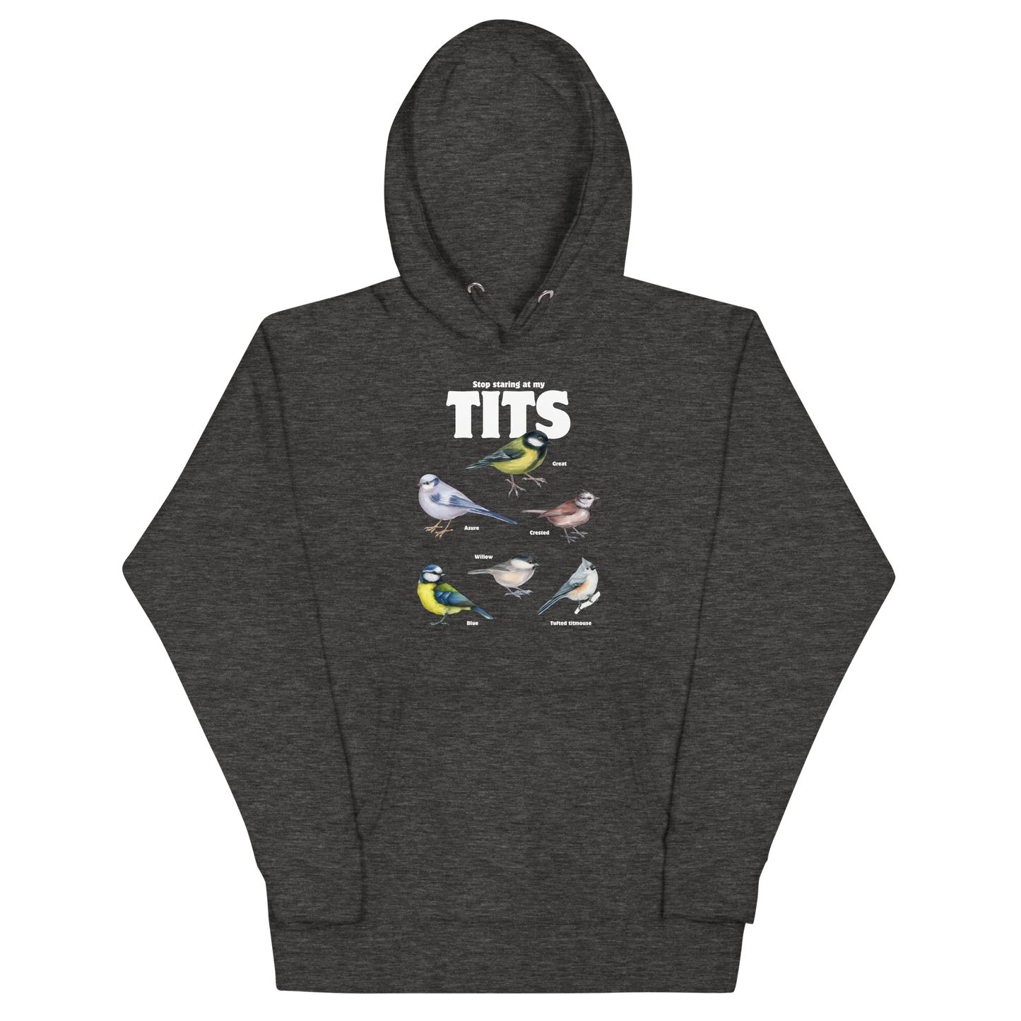 Funny Stop Staring At My Tits Bird premium graphic hoodie in charcoal heather by Boozy Fox