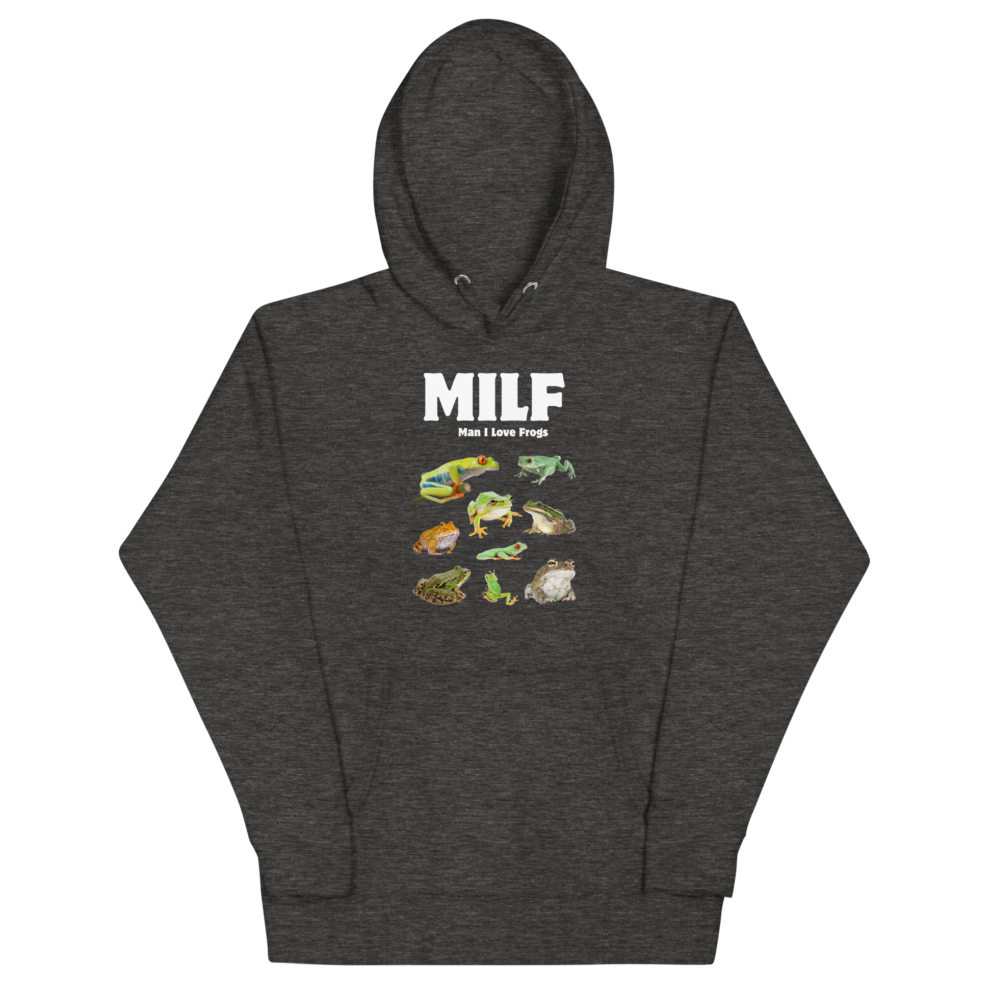 Funny Man I Love Frogs premium graphic hoodie in charcoal heather by Boozy Fox