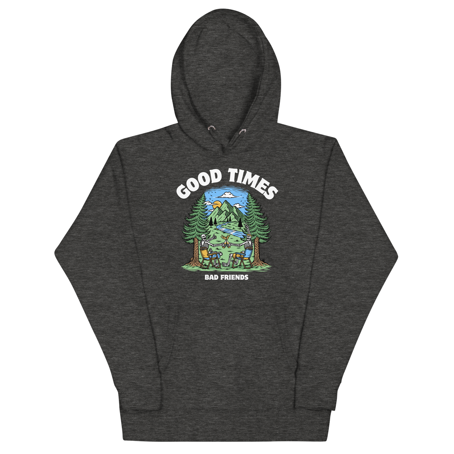 Funny Good Times Bad Friends skeleton beer premium graphic hoodie in charcoal heather by Boozy Fox