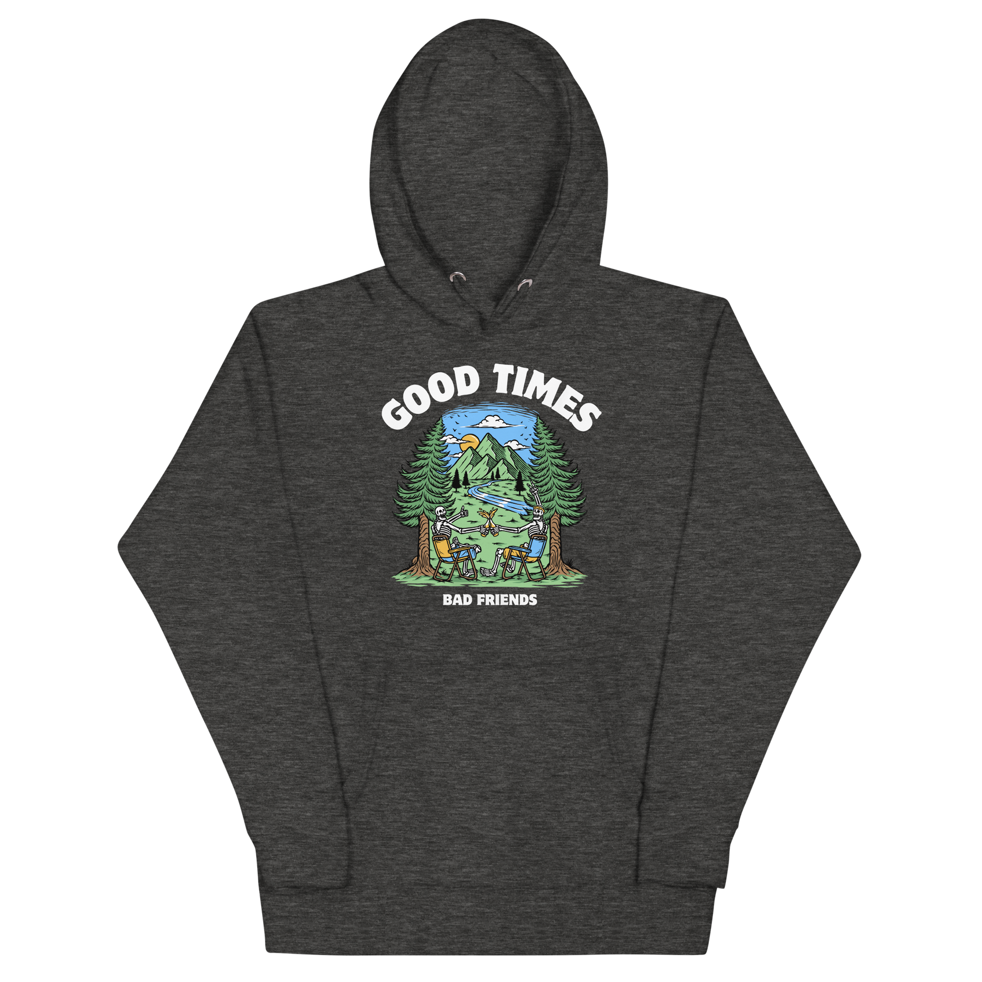 Funny Good Times Bad Friends skeleton beer premium graphic hoodie in charcoal heather by Boozy Fox