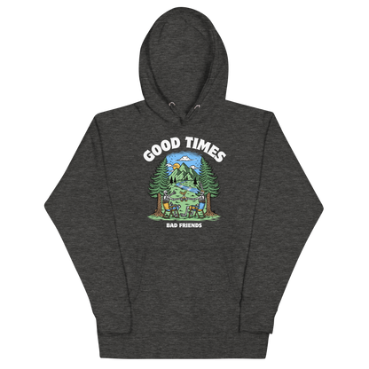 Funny Good Times Bad Friends skeleton beer premium graphic hoodie in charcoal heather by Boozy Fox