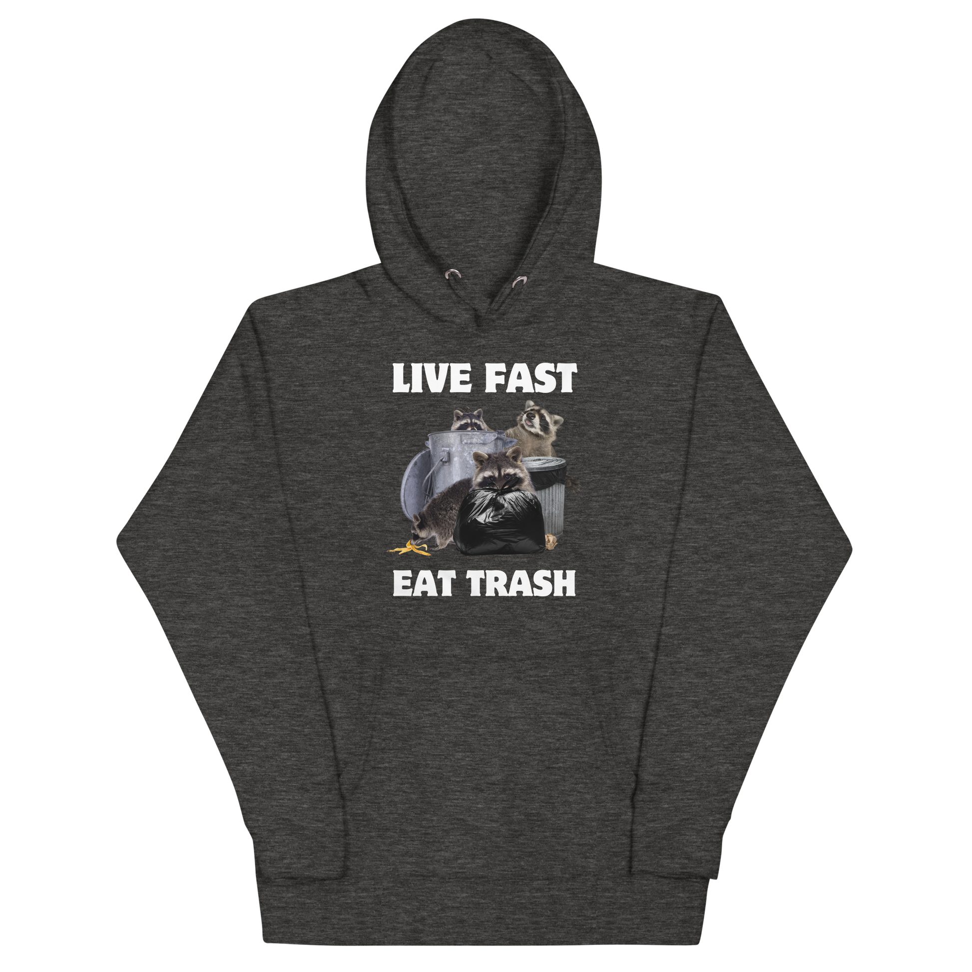 Funny Live Fast Eat Trash Raccoon premium graphic hoodie in charcoal heather by Boozy Fox