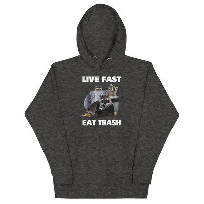Funny Live Fast Eat Trash Raccoon premium graphic hoodie in charcoal heather by Boozy Fox