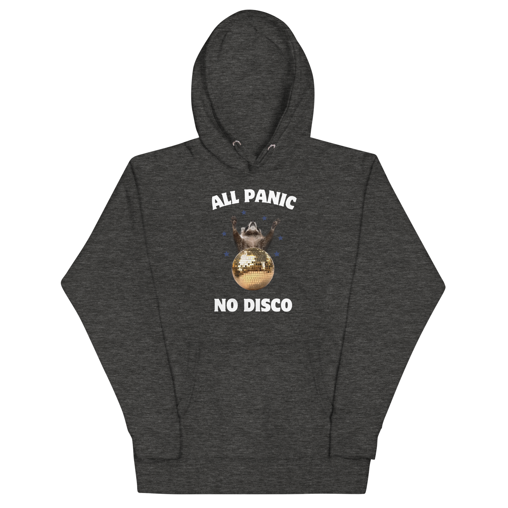 Funny All Panic No Disco Raccoon Disco Ball premium graphic hoodie in charcoal heather by Boozy Fox