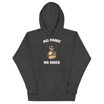 Funny All Panic No Disco Raccoon Disco Ball premium graphic hoodie in charcoal heather by Boozy Fox