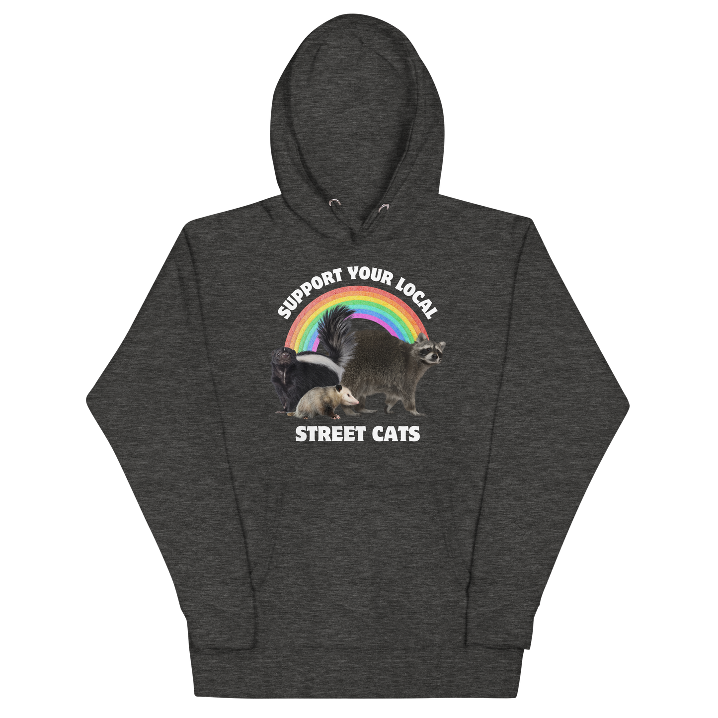 Funny Support Your Local Street Cats premium graphic hoodie in charcoal heather by Boozy Fox