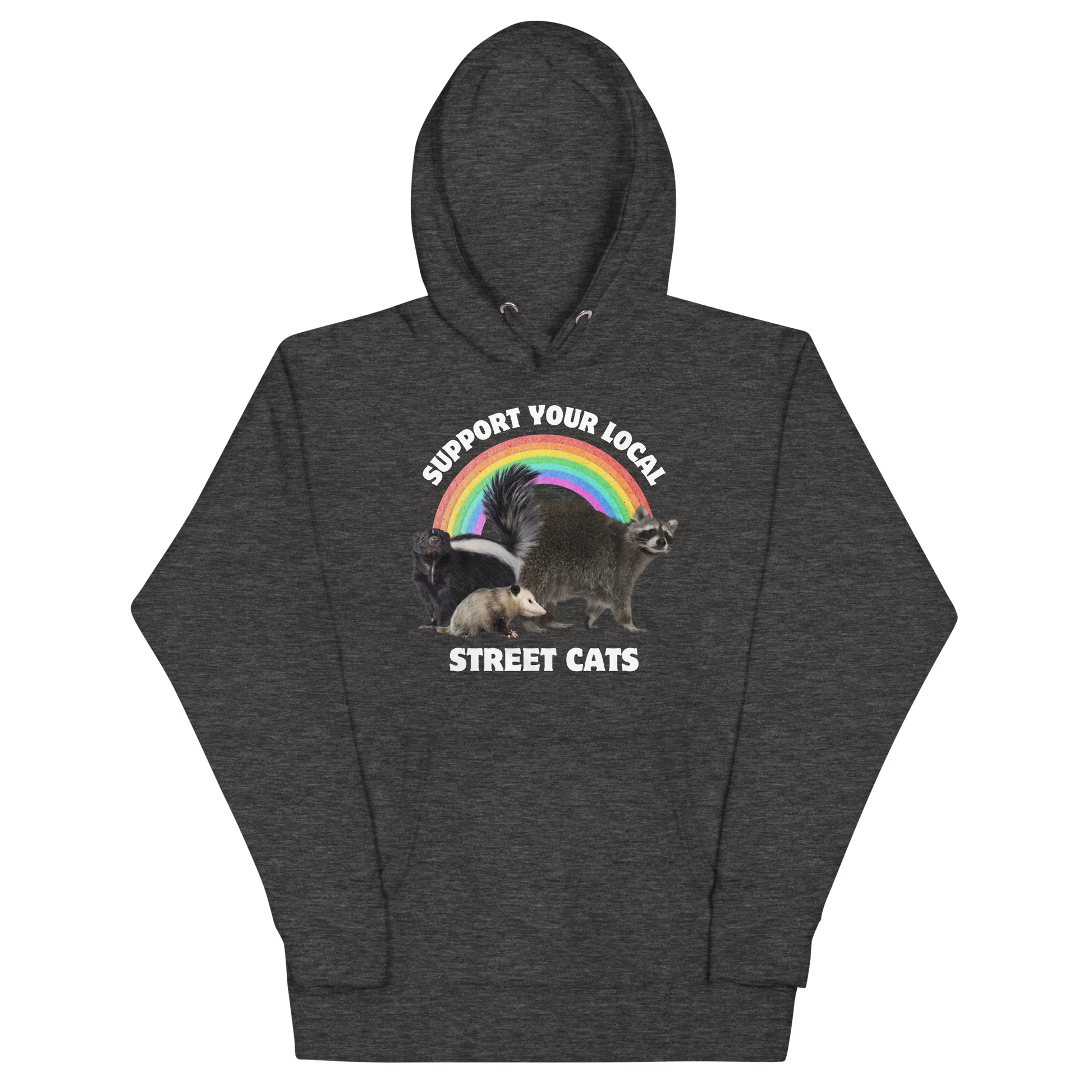 Funny Support Your Local Street Cats premium graphic hoodie in charcoal heather by Boozy Fox