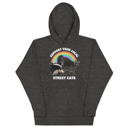 Funny Support Your Local Street Cats premium graphic hoodie in charcoal heather by Boozy Fox