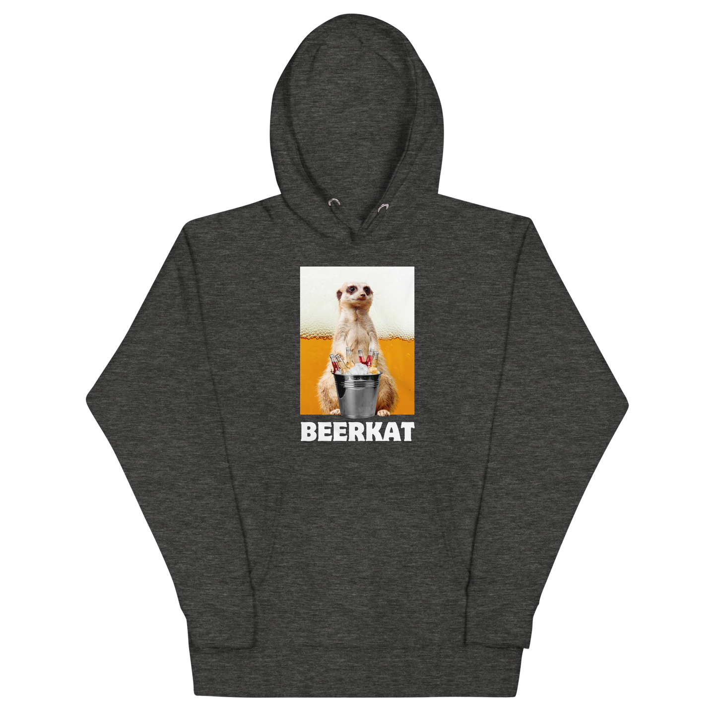 Funny Meerkat Beer premium graphic hoodie in charcoal heather by Boozy Fox
