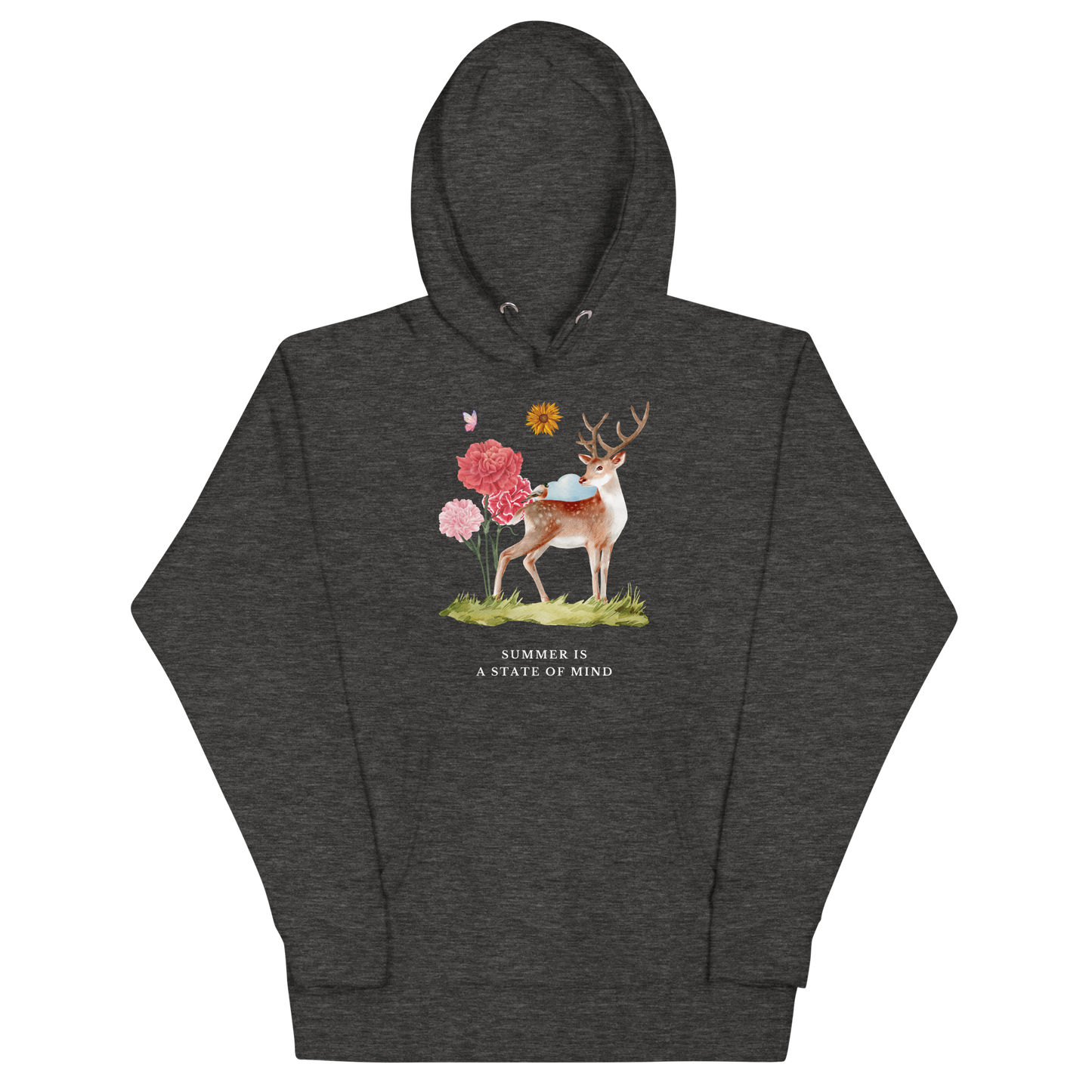 Funny Summer Is a State of Mind Deer premium graphic hoodie in charcoal heather by Boozy Fox